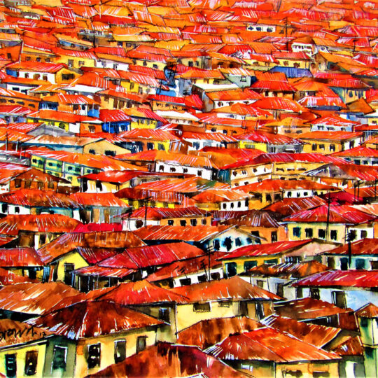 Ibadan reddish brownish roofs ii - By Ini Brown - Water color on paper