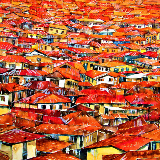 Ibadan reddish brownish roofs - By Ini Brown - Water color on paper