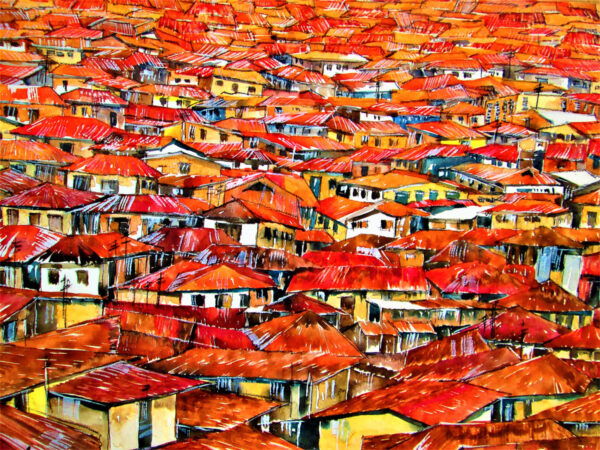 Ibadan reddish brownish roofs - By Ini Brown - Water color on paper